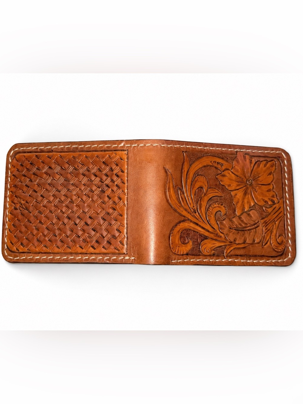 Hand-Tooled Leather Bifold Wallet Basketweave Design Brown floral